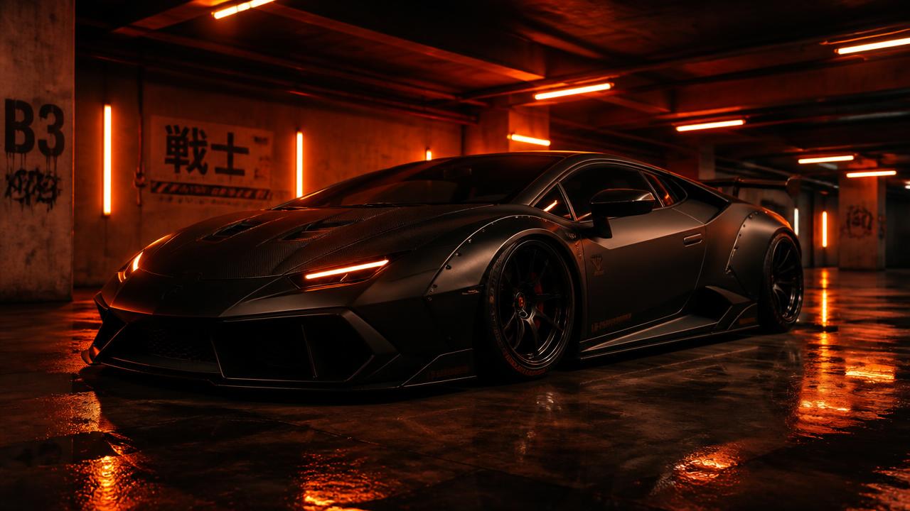 Matte black supercar in a neon-lit garage