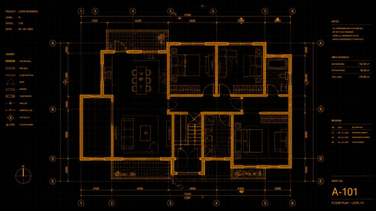 Amber wireframe floor plan schematic